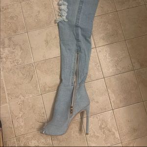 Women’s peep toe denim knee high heels